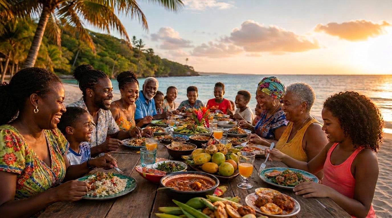 Caribbean families sharing a long table of island food at a sunset beach feast